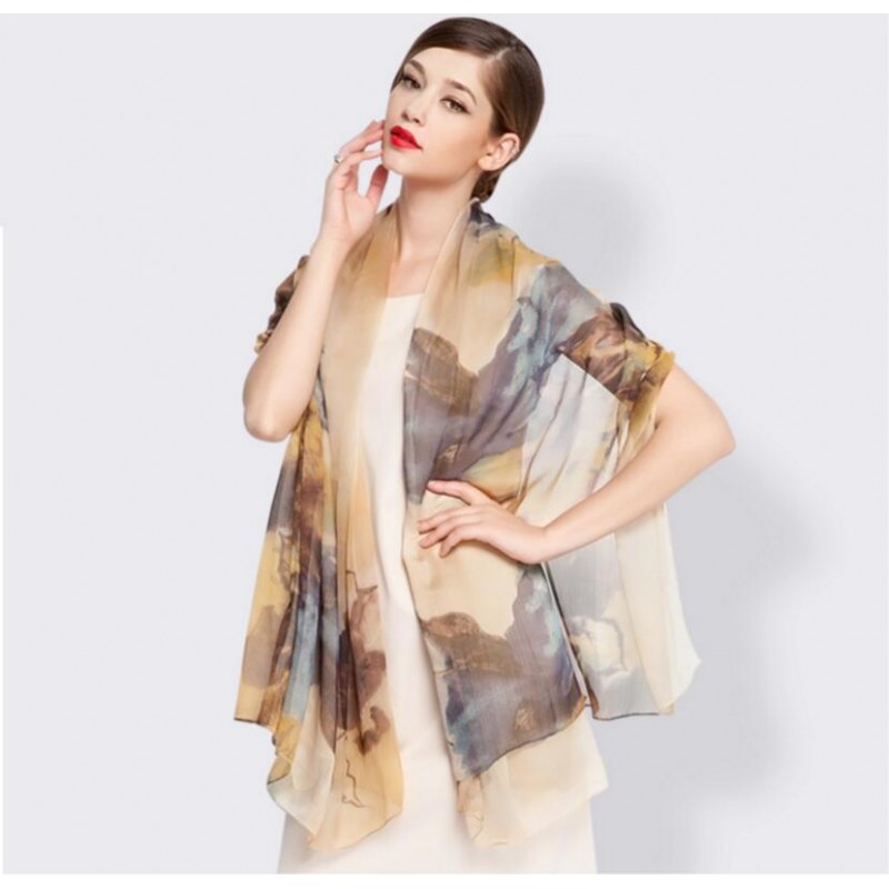 Pure Silk Scarf Camel Yellow Print Women Summer Scarf